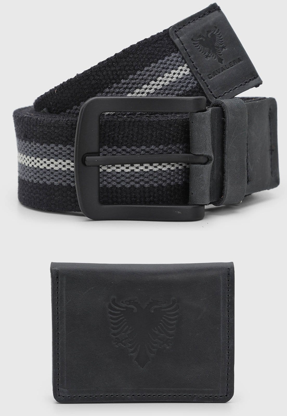 Kit Cinto Masculino Cavalera Listrado Cinza/Branco + Carteira Preta