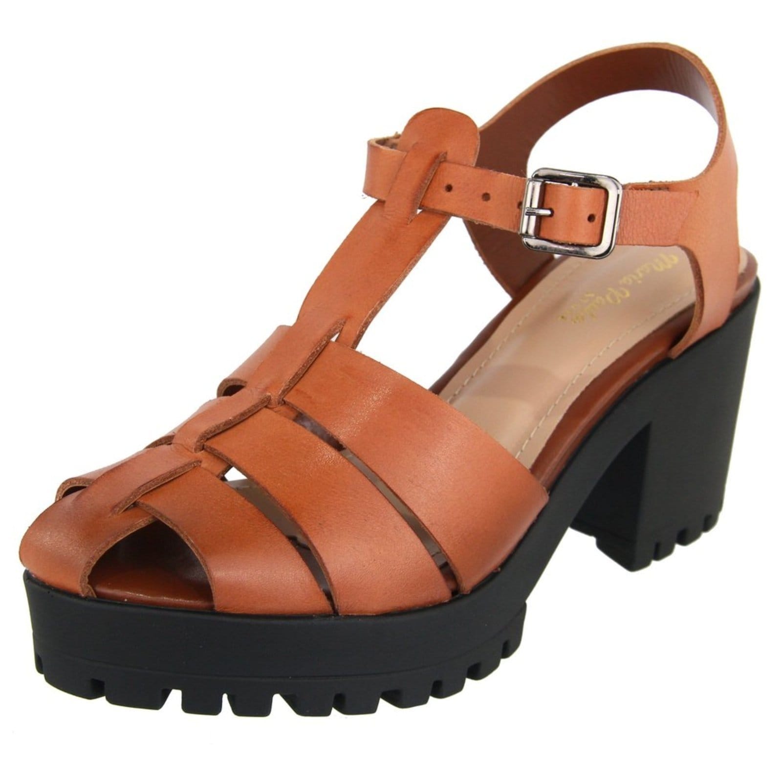 Sandália Feminina Tratorada em Couro Salto Bloco Tiras Maria Paula Rusty