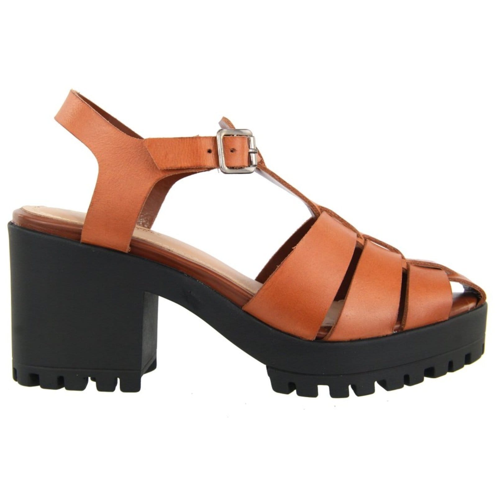 Vista 2 Sandália Feminina Tratorada em Couro Salto Bloco Tiras Maria Paula Rusty MARIA PAULA caramelo