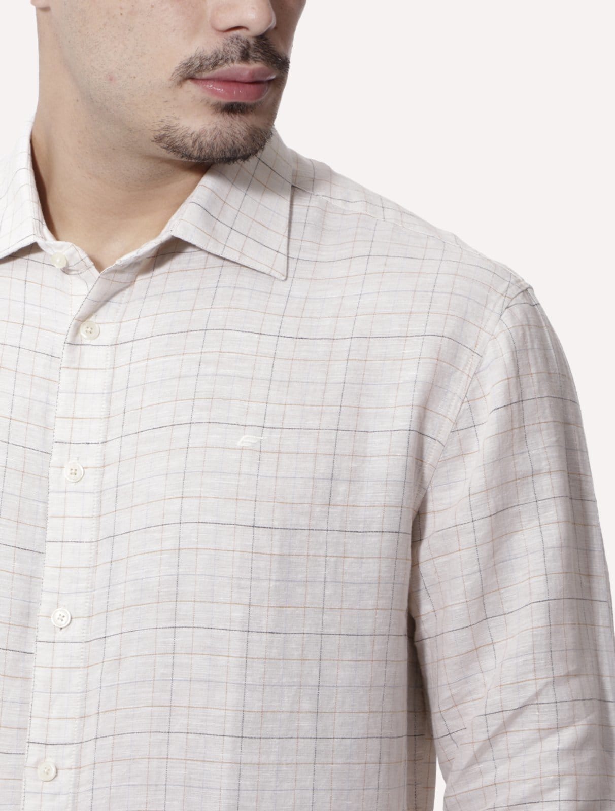 Vista 2 Camisa Ellus Masculina Regular Linen Blend Breeze Italian Xadrez Off-White Ellus off-white white