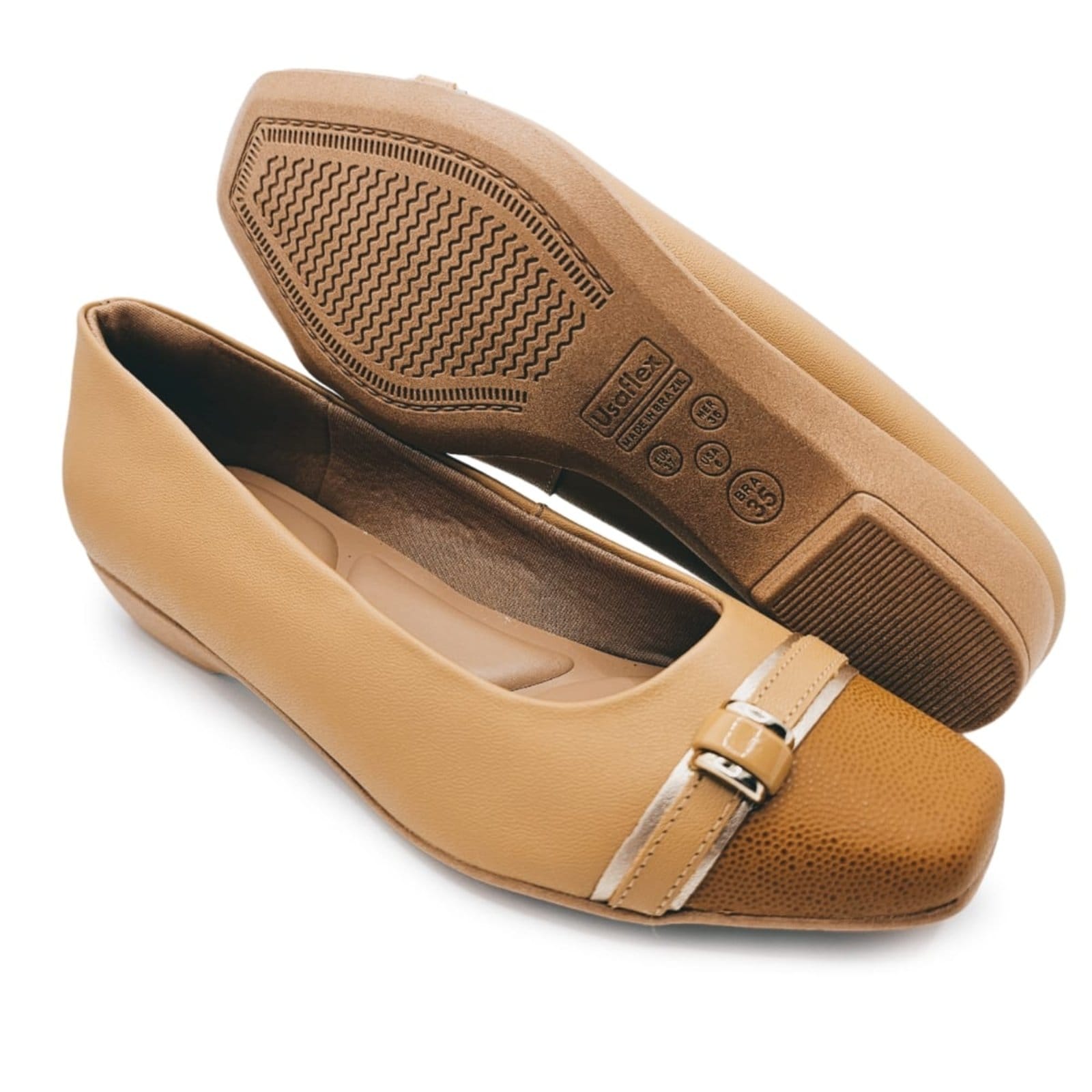 Vista 2 Sapatilha Usaflex Couro Enfeite Cromado Conforto e Bem Estar Usaflex caramelo