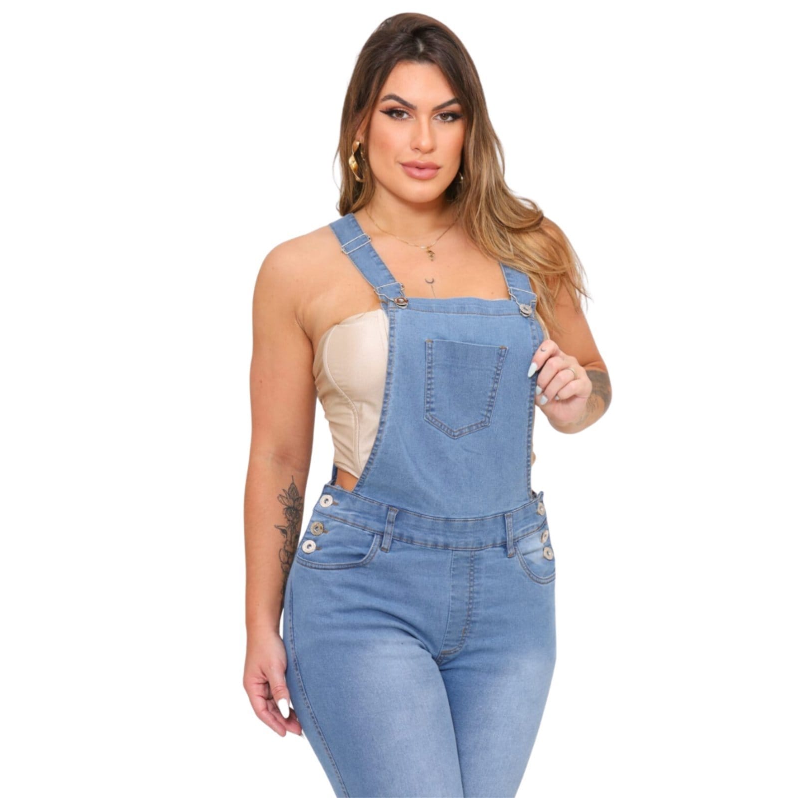 Macacão Jardineira Feminino Jeans Light Claro Délavé