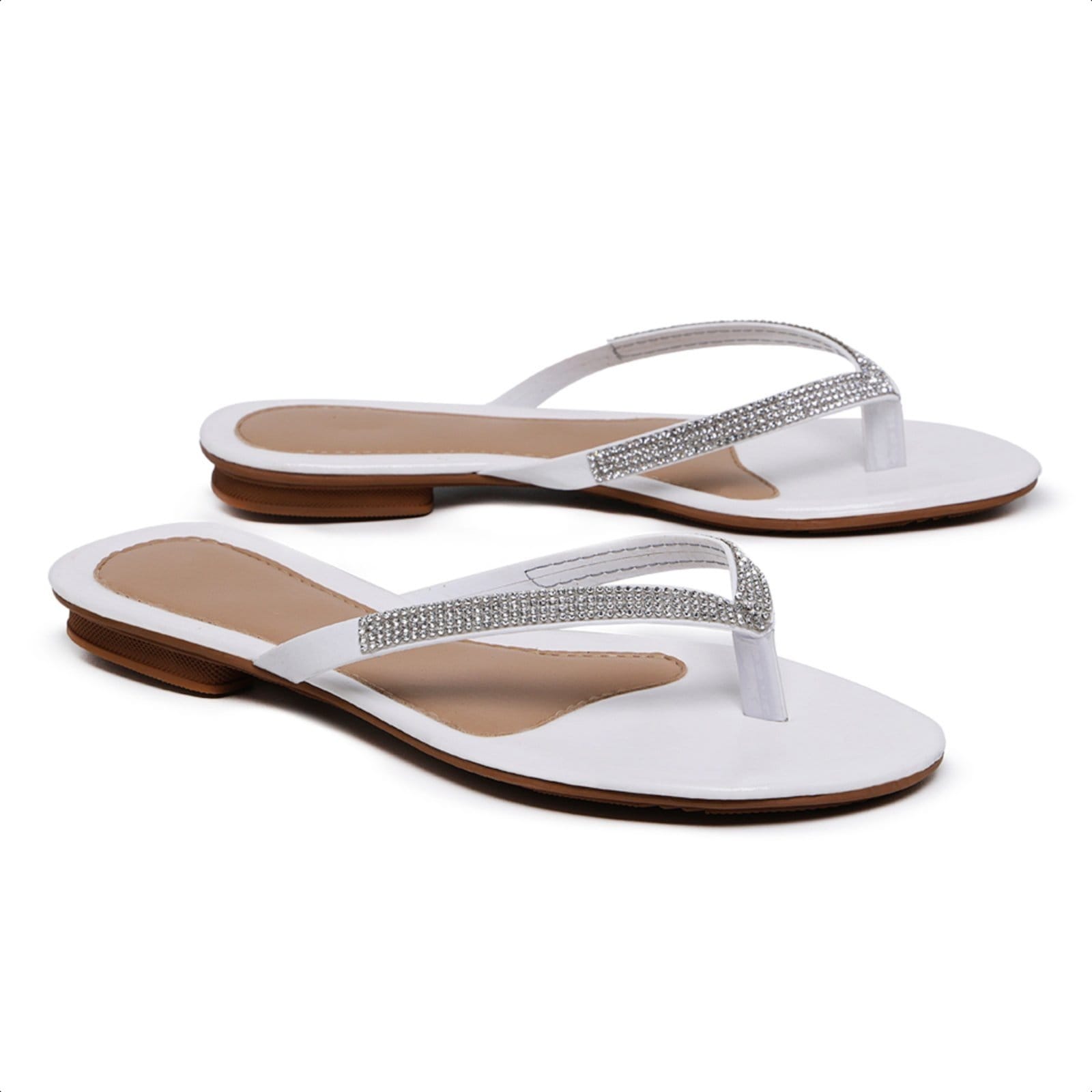 Vista 2 Chinela Rasteirinha Feminina Confortável Salto Baixo Branca Com Strass 34 ao 43 Carmelo Shoes Sandália Baixa Festa Casual CARMELO SHOES branco