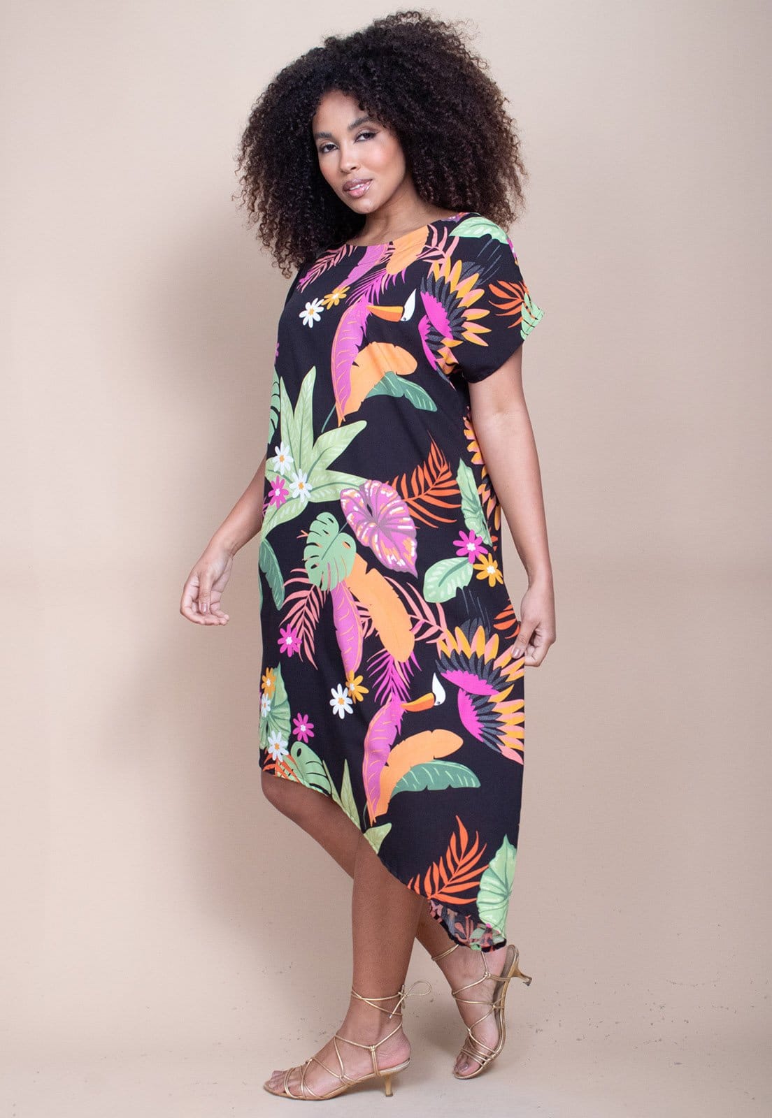 Vista 2 Vestido Cabanafree Midi Plano Estampa Noite Botânica Cabanafree estampado/laranja/rosa/verde