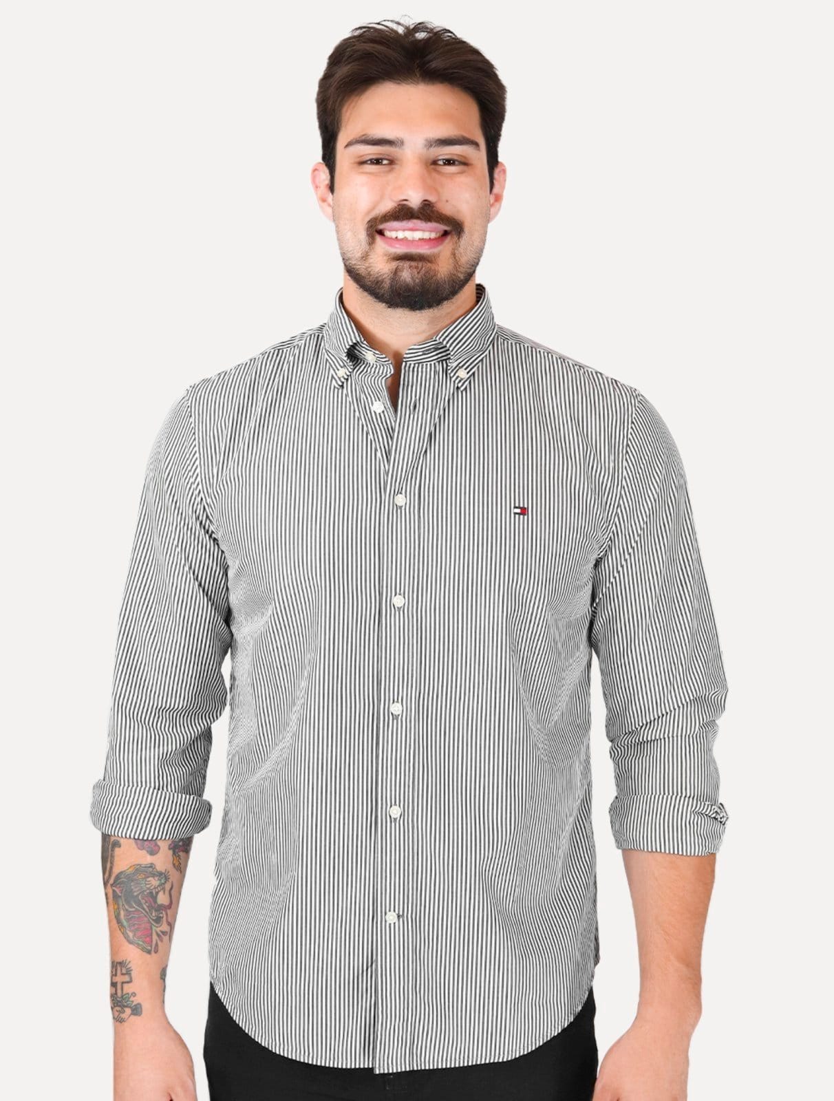 Camisa Tommy Hilfiger Masculina Regular THFlex Poplin Classic Stripe Preta