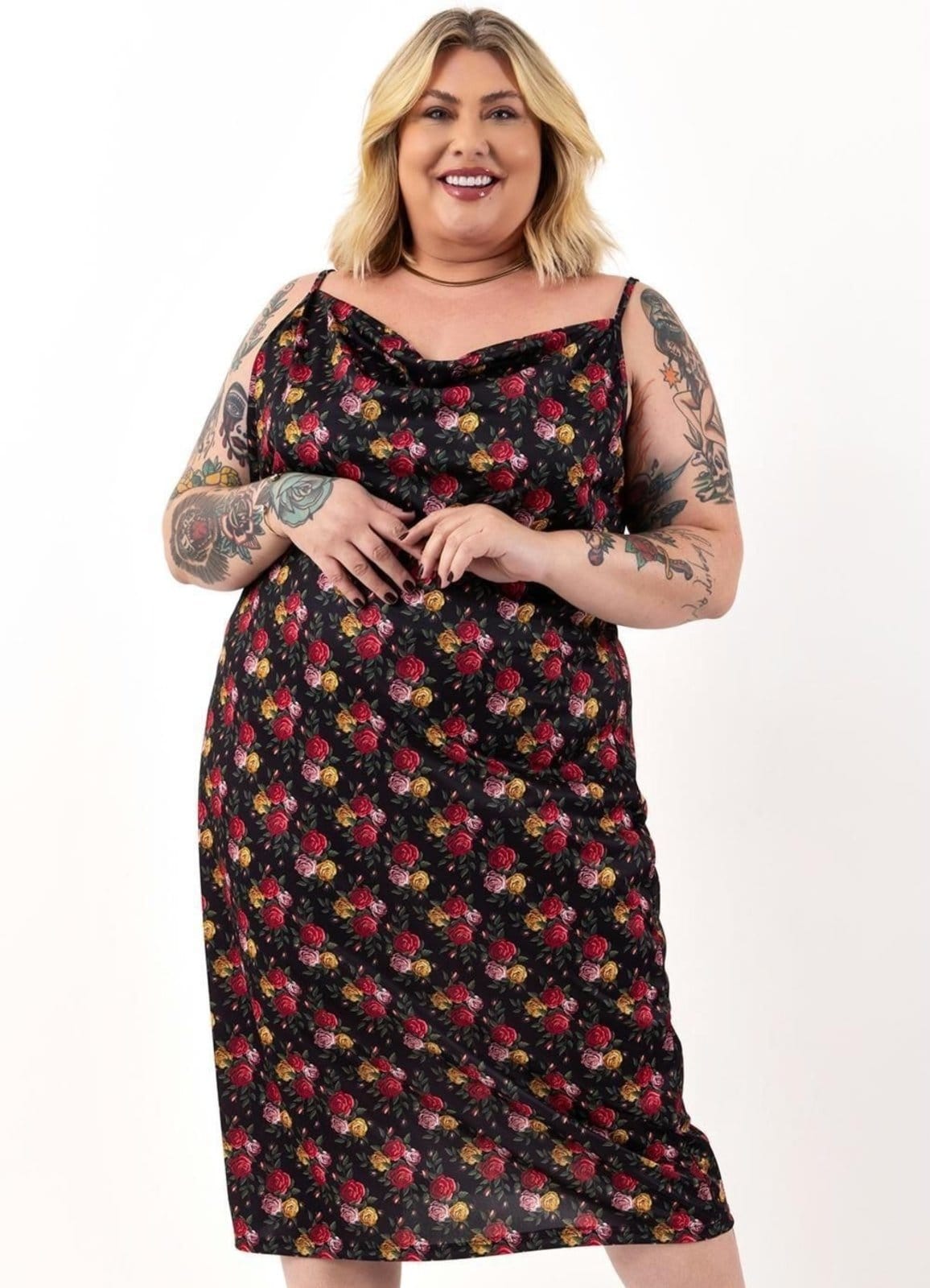 Vestido Em Jersey Acetinado Rosas