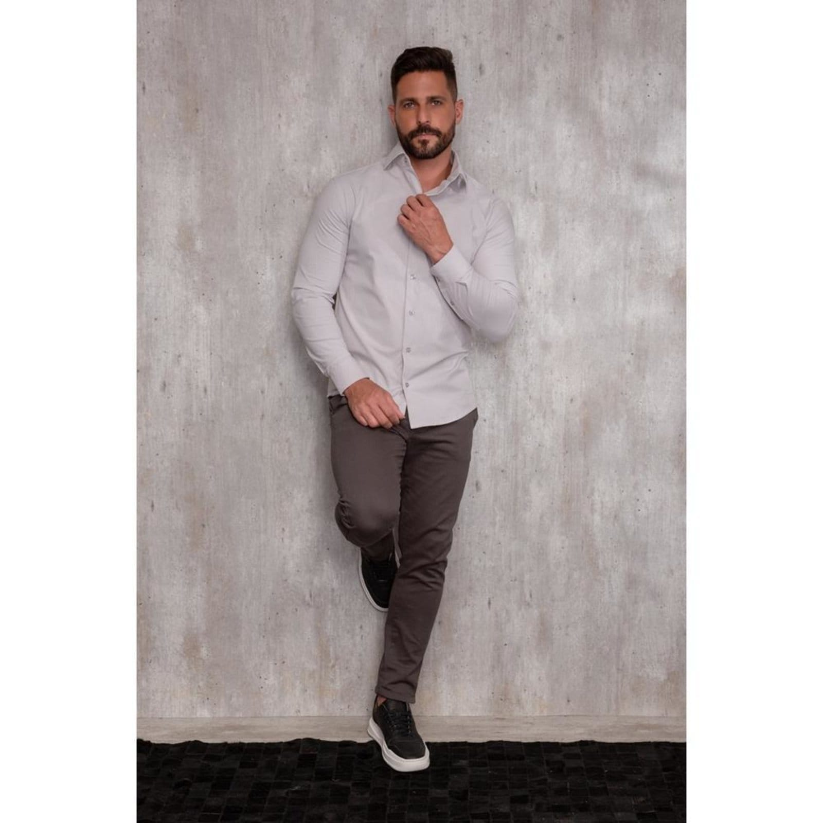 Vista 2 Camisa Masculina Slim Manga Longa Lisa Acetinada Social Azul Claro Cinza TEODORO CAMISARIA cinza azul