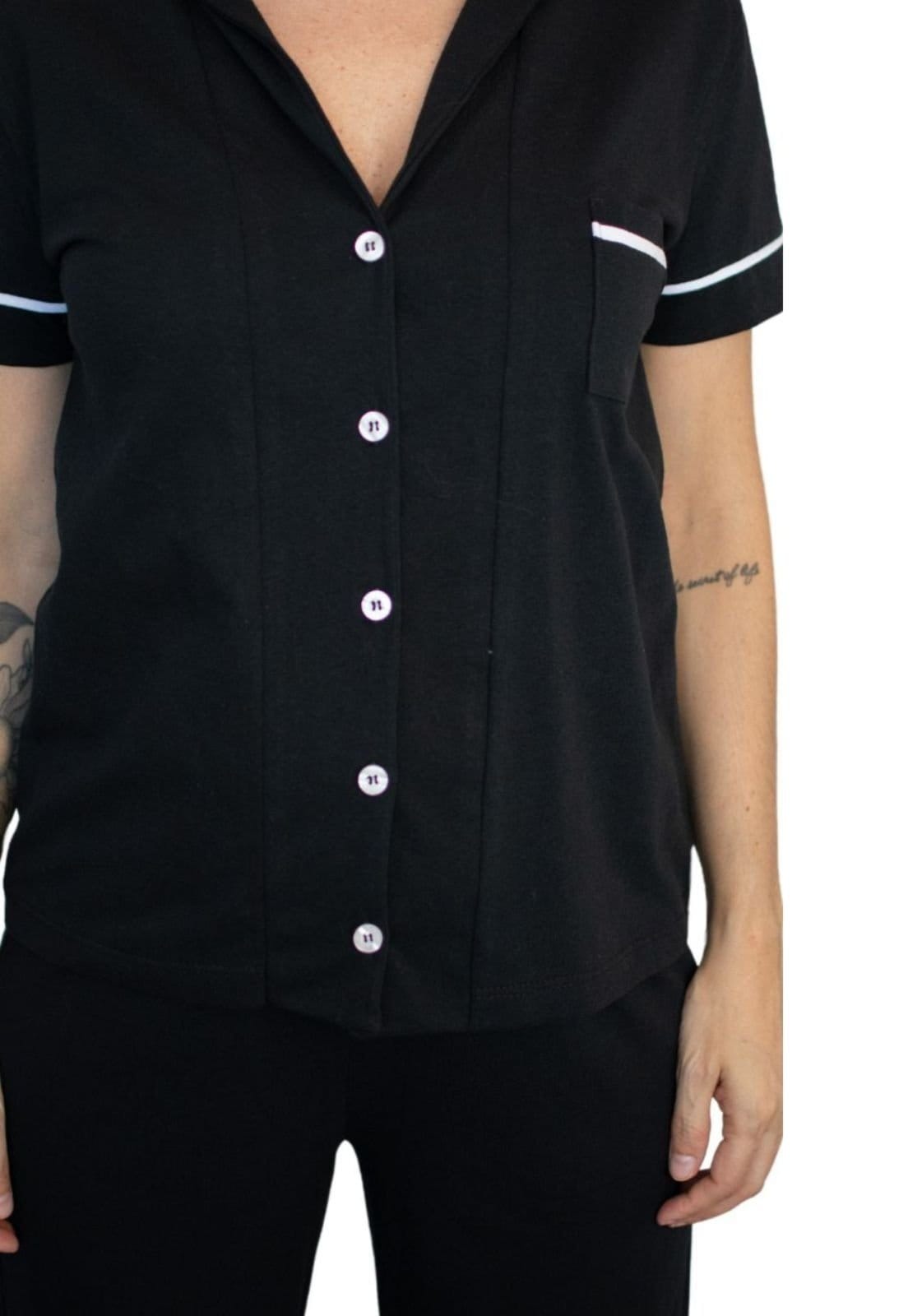 Vista 2 Pijama Algodão Plus Sise Americano Manga curta com Calça Joana Piante preto