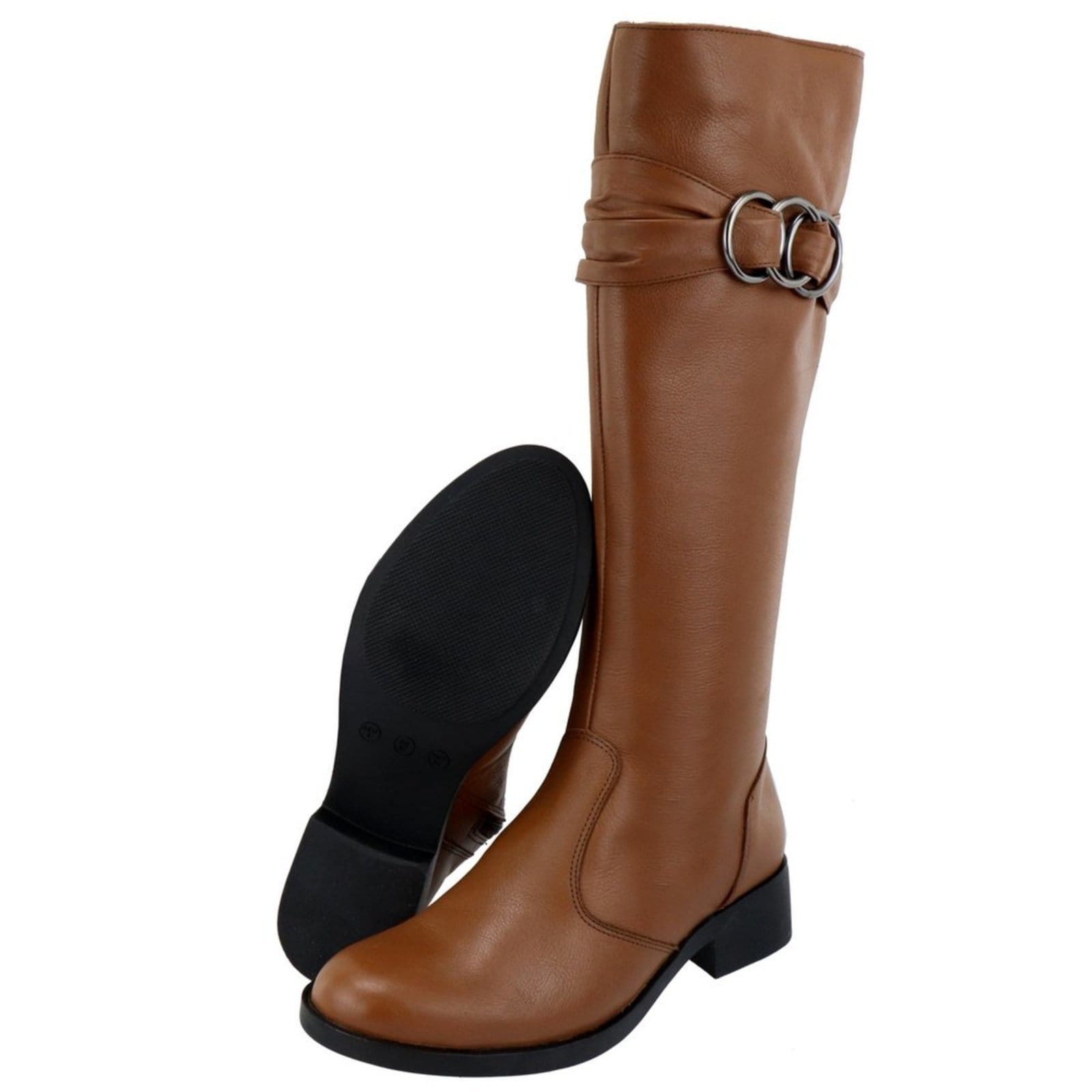 Vista 2 Bota Montaria em Couro Feminina Cano Longo Conhaque TELLINI STORE caramelo