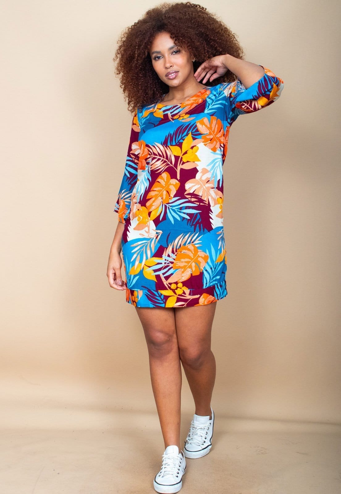 Vista 2 Vestido Curto Cabanafree Balli Manga Ampla Estampa Aurora Profunda Cabanafree amarelo/estampado/laranja