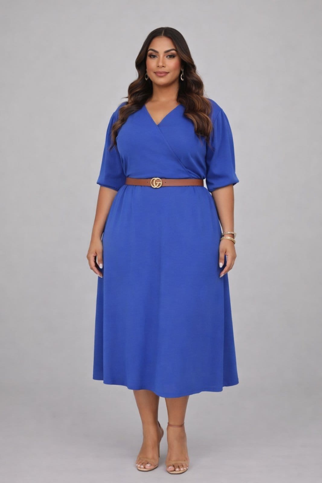 Vestido Midi Plus Size D Bell Outlet Fashion Gola V Com Cinto