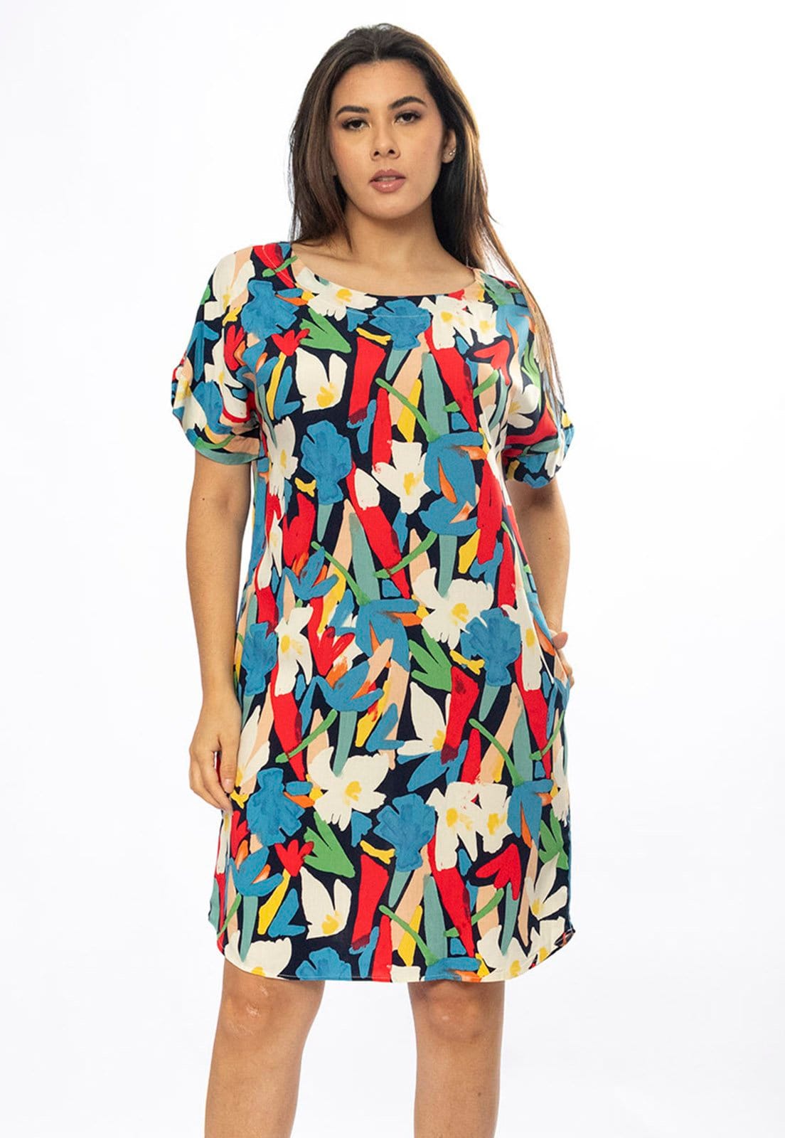 Vista 2 Vestido Curto Cabanafree Viscose com Bolso Estampa Floresce Cabanafree amarelo/estampado/laranja