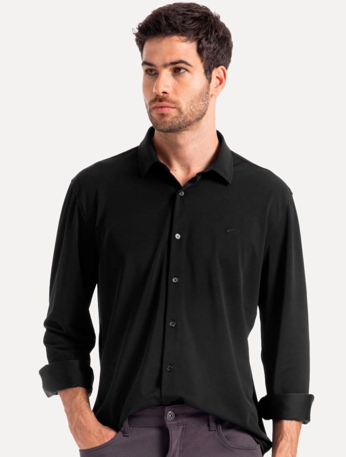 Camisa Ellus Masculina Tricoline LY Slim Preta