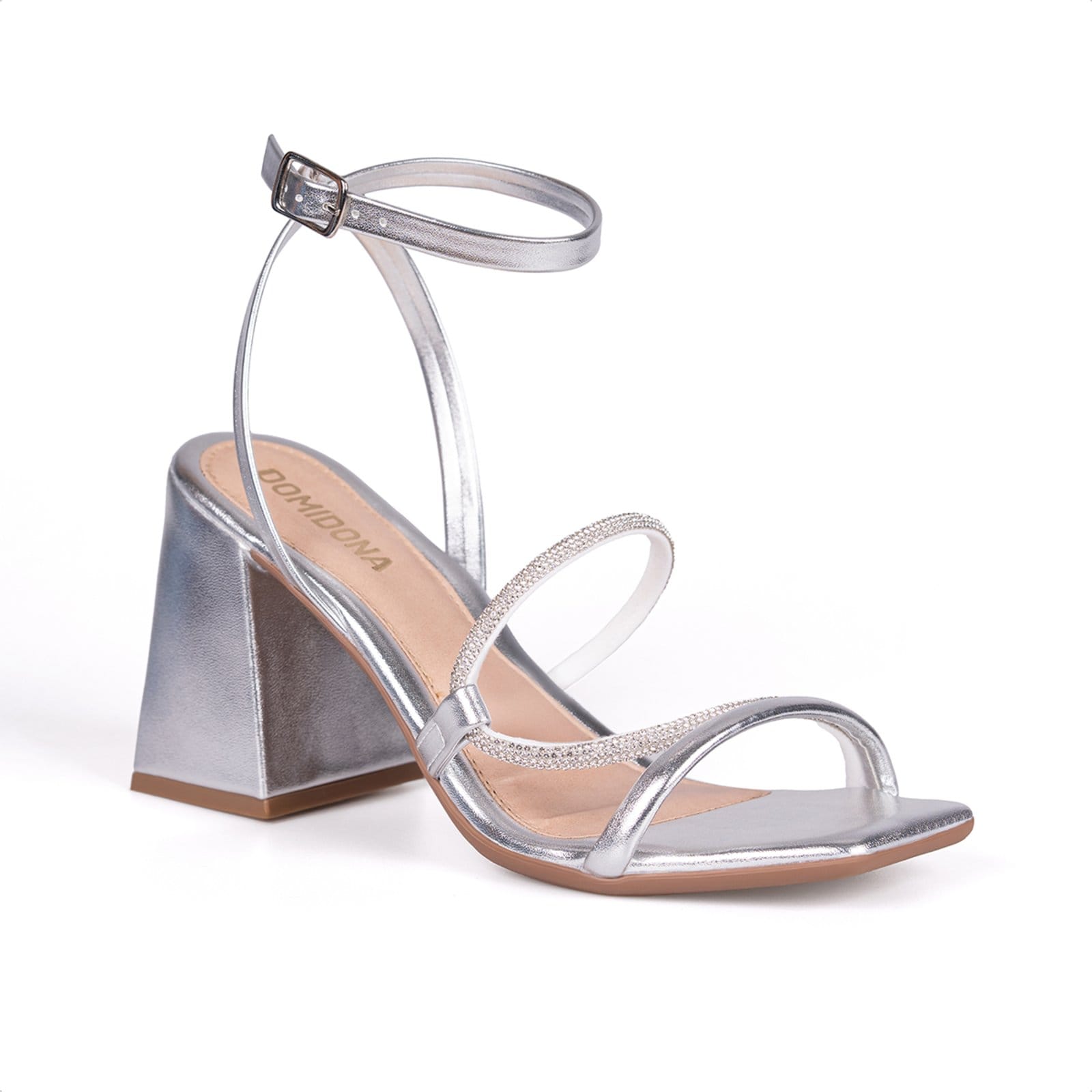 Sandália Salto Grosso Bloco Tiras Duplas De Strass