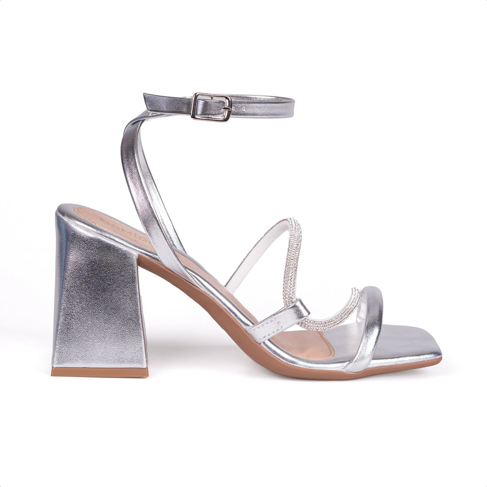 Vista 2 Sandália Salto Grosso Bloco Tiras Duplas De Strass Domidona prata