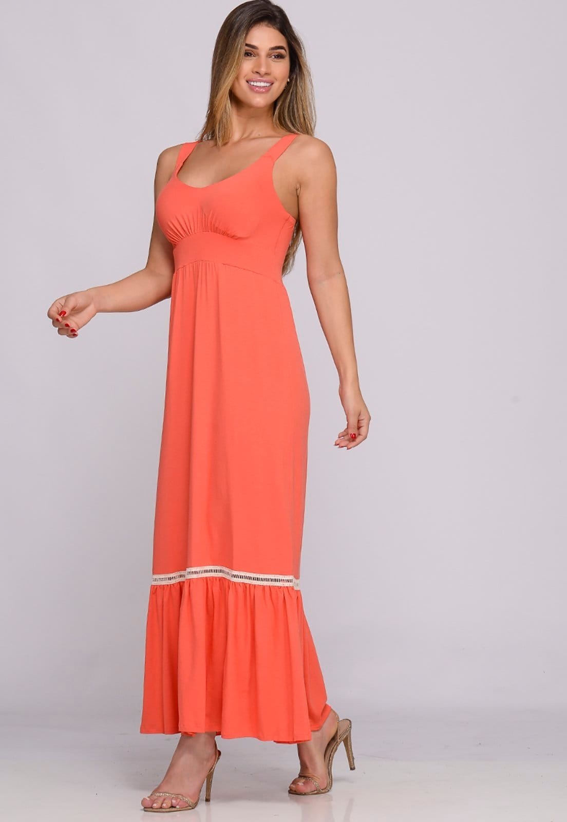 Vista 2 Vestido Longo Alça Barra Guipir com Bojo B’Bonnie Sarah BBonnie coral
