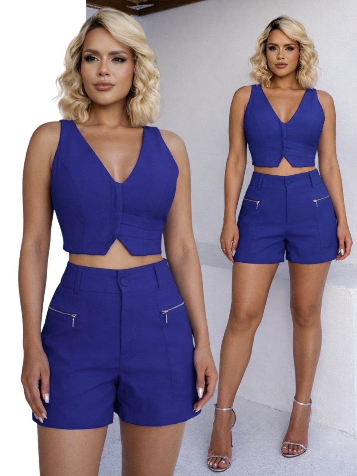Conjunto Feminino Linho Cropped Colete e Shorts 2030 - Azul