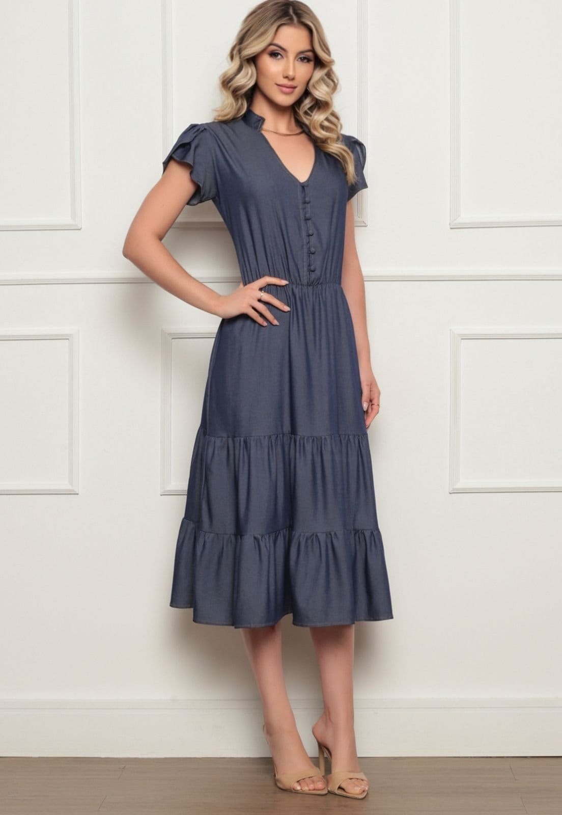 Vestido Feminino Midi Com Babado Três Marias em Tecido Chamber Premium Detalhes Exclusivos