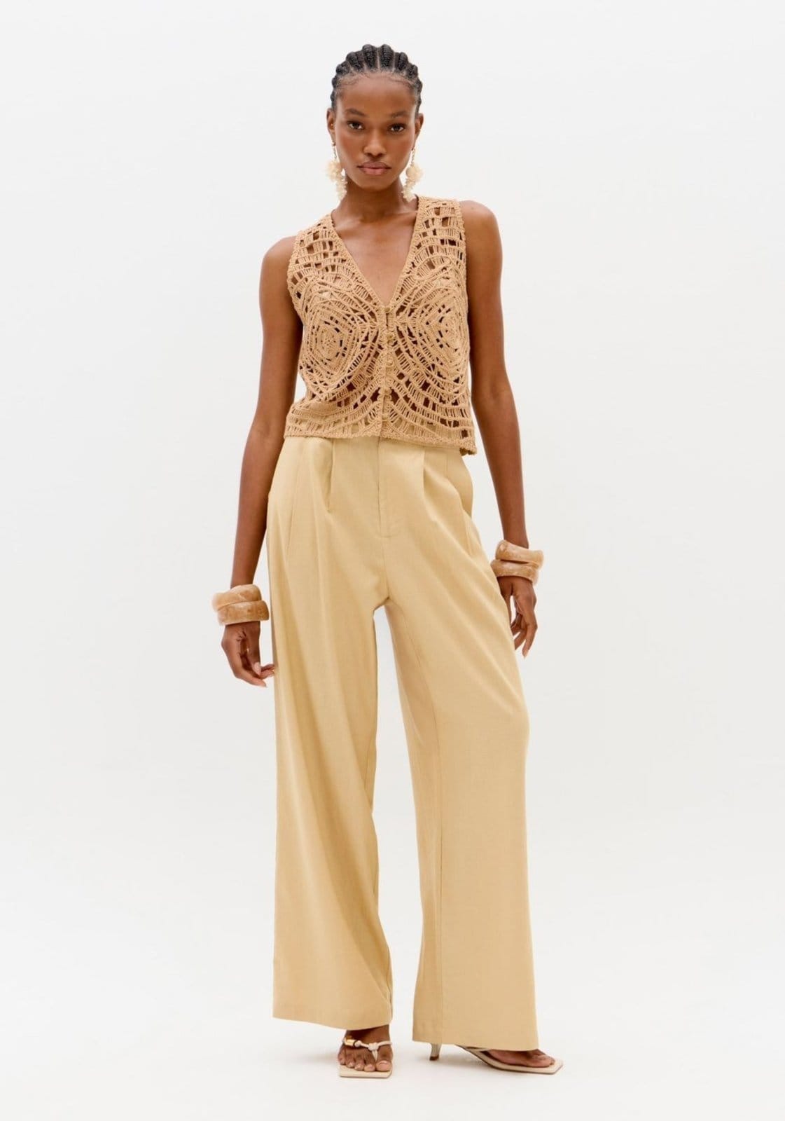 Vista principal Calça Reta Cintura Alta Com Linho Lança Perfume bege