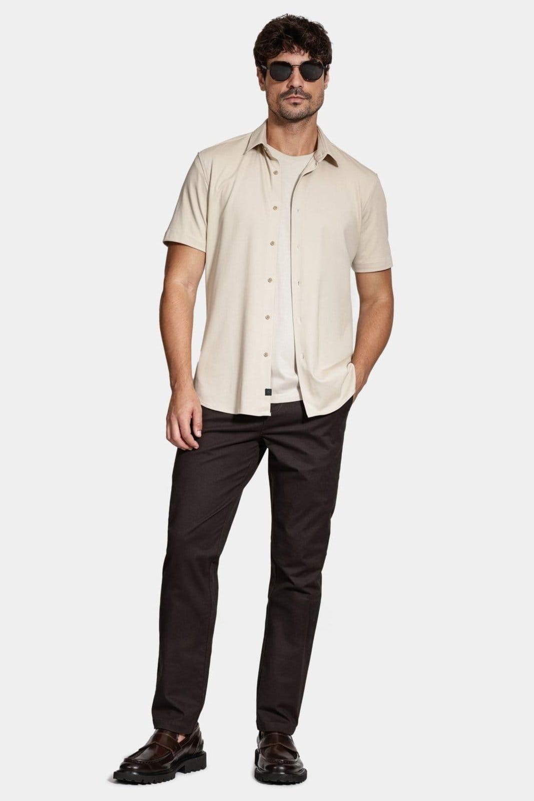 Vista 2 Camisa Aramis Manga Curta Slim Malha Mista Italiana Caqui Aramis bege caqui