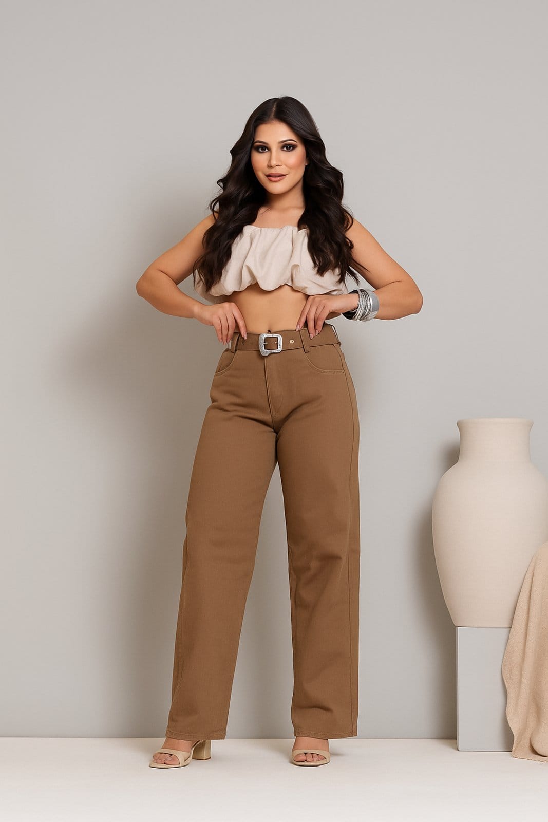 Calça Jeans Feminina D Bell Outlet Fashion Wide Leg Com Cinto