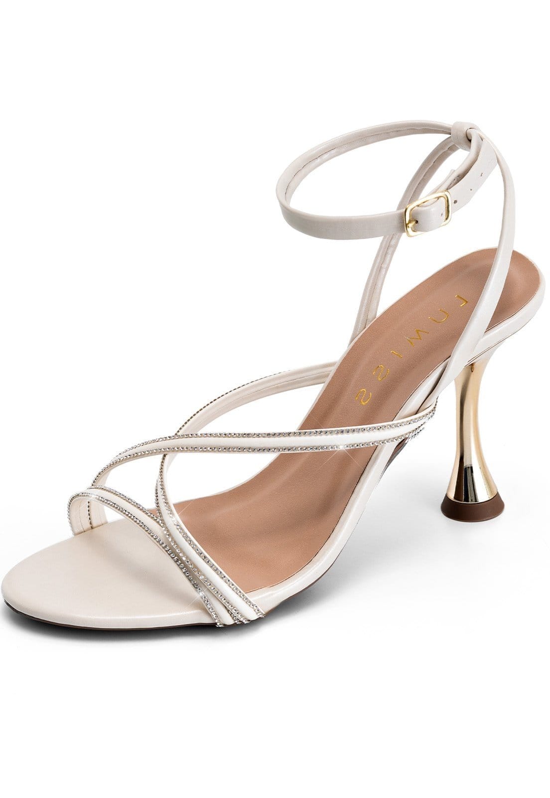 Sandália Feminina Lumiss Salto Alto Fino Metalizado Strass Brilho Tiras Finas Off White