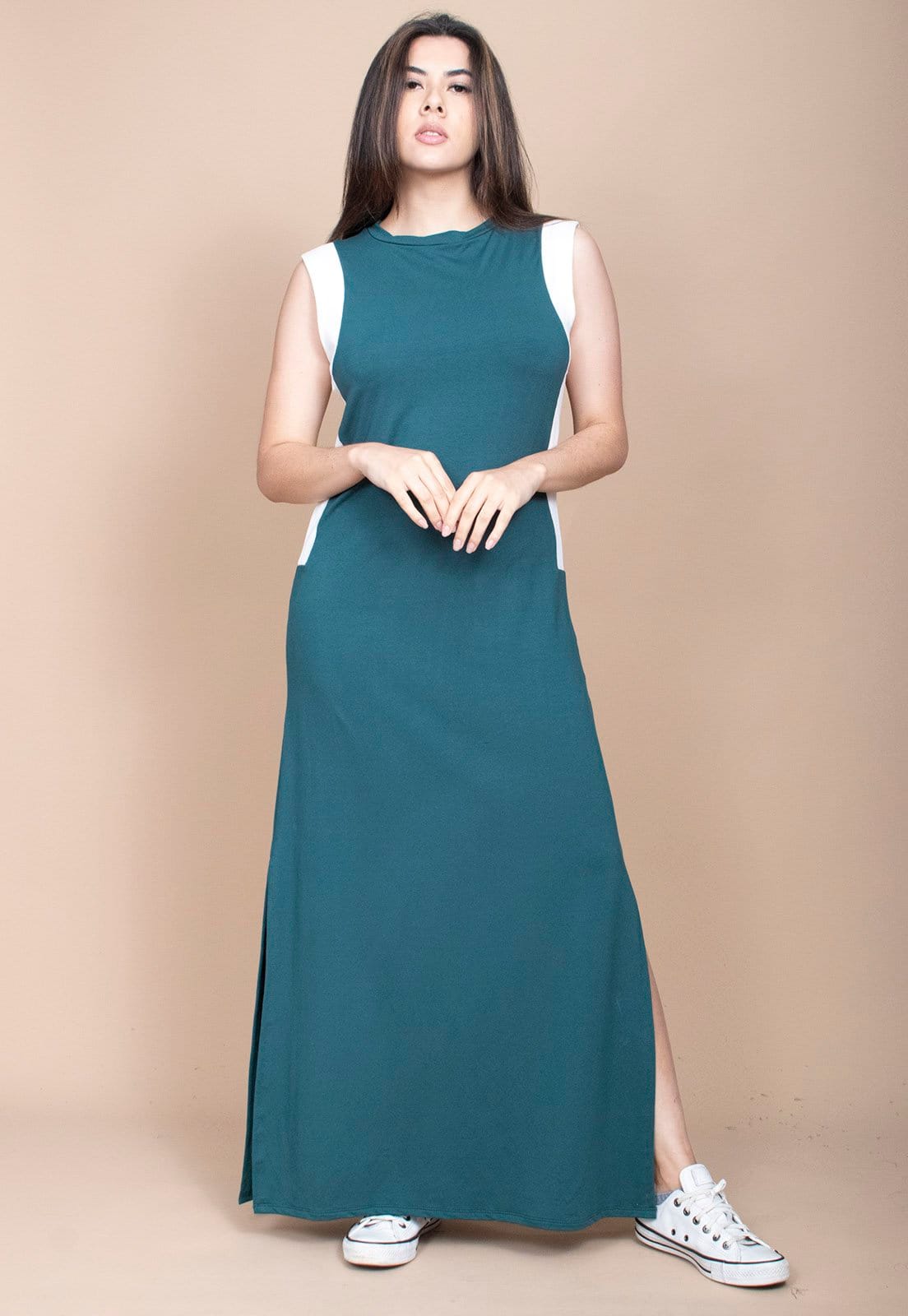 Vestido Cabanafree Longo Malha Verde com Detalhes Branco