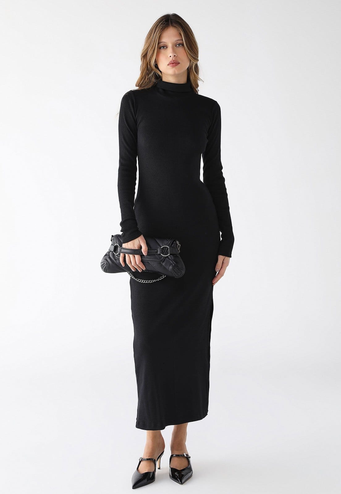 Vestido Longo Levosch Gola Alta Fenda Lateral Ribana Premium