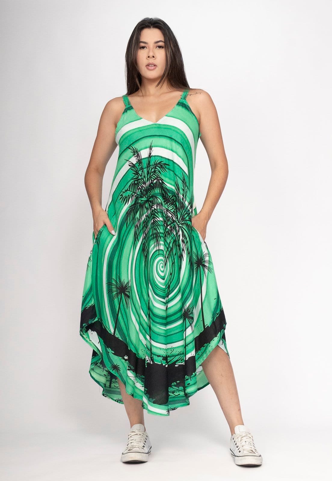 Vista 2 Vestido Cabanafree Midi Origens Vórtice Tropical Cabanafree estampado