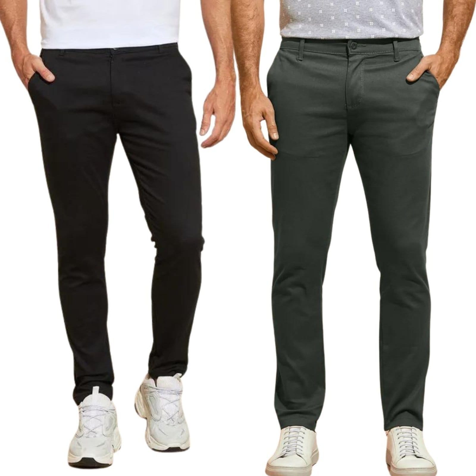 Kit 2 Calças FMF de Sarja Chino Com Bolso Traseiro Embutido Alfaiataria Skinny Preto e