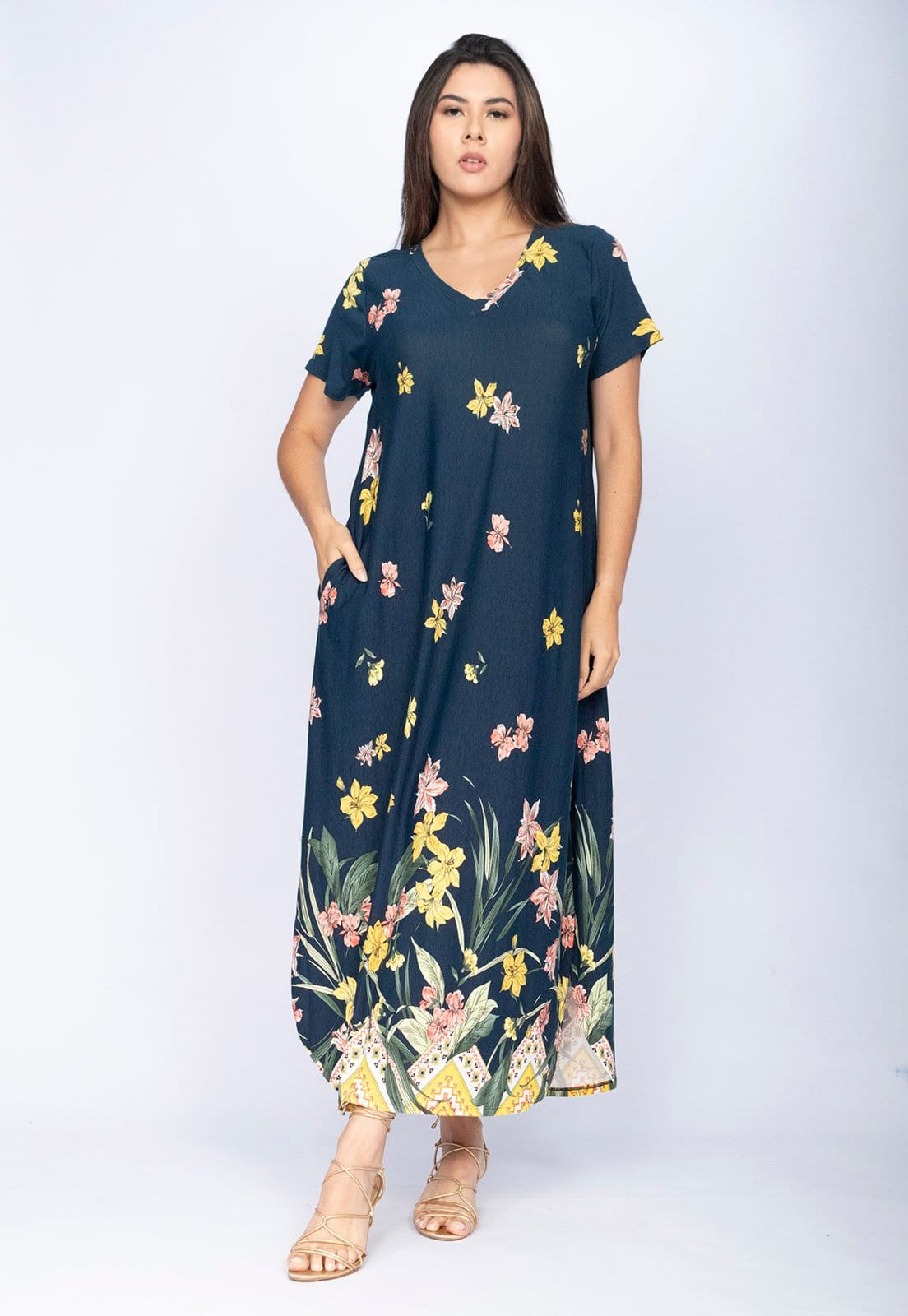 Vestido CabanaFree Midi Abapã Malha com Bolso Estampa Floresce
