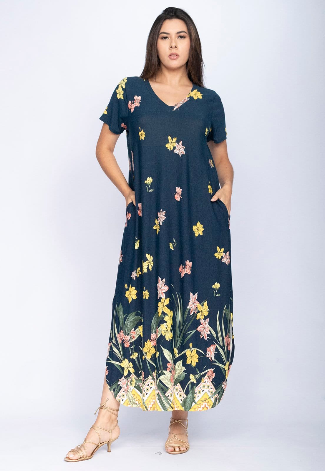 Vista 2 Vestido CabanaFree Midi Abapã Malha com Bolso Estampa Floresce Cabanafree azul/estampado azul