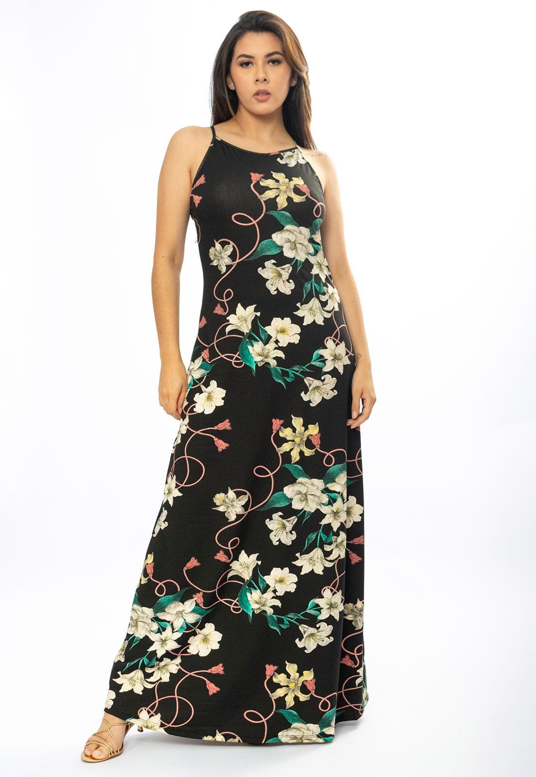 Vestido Longo Cabanafree Malha Trapézio Flores Ébano