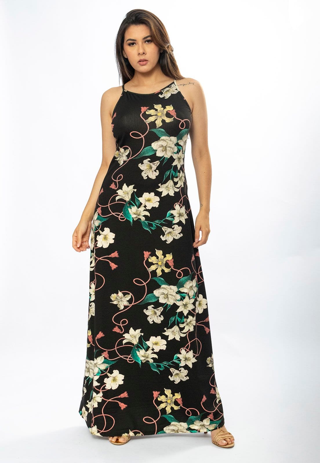 Vista 2 Vestido Longo Cabanafree Malha Trapézio Flores Ébano Cabanafree estampado/off-white/verde