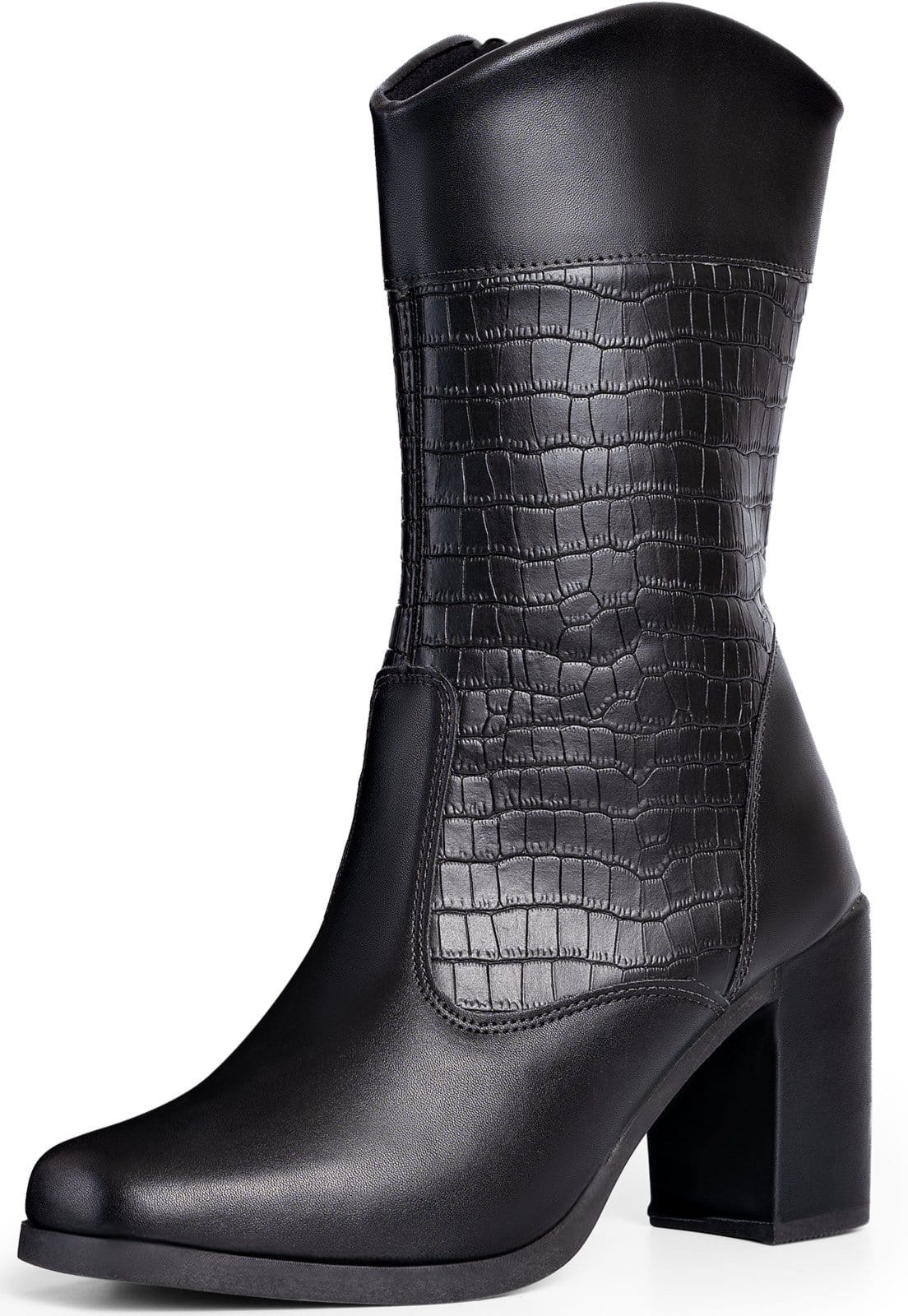 Bota Cano Médio Feminina Lumiss Salto Bloco Alto Grosso Confortável Blogueira Croco