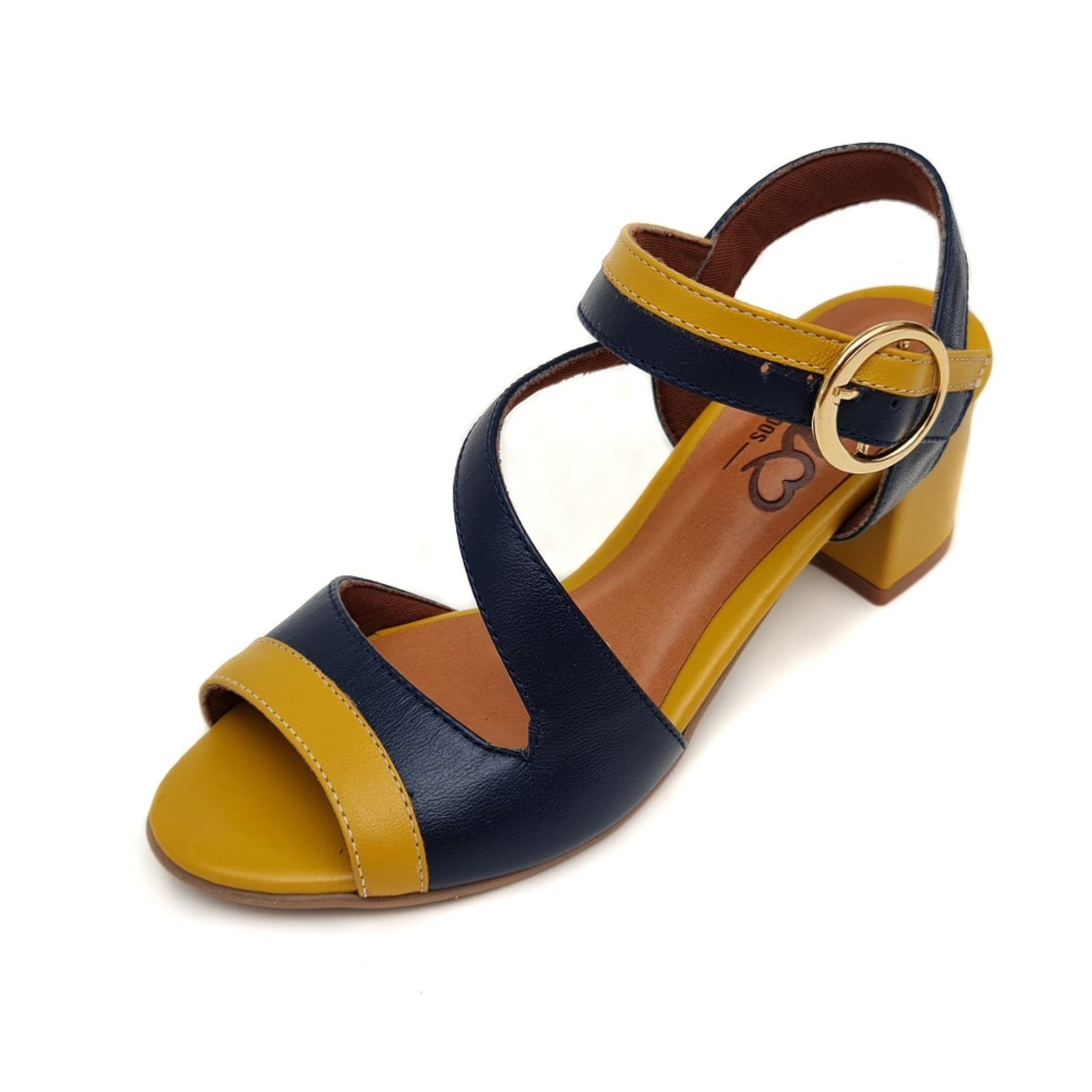 Sandália de Salto em Couro Amo Calçados Ive Mostarda com Azul Marinho