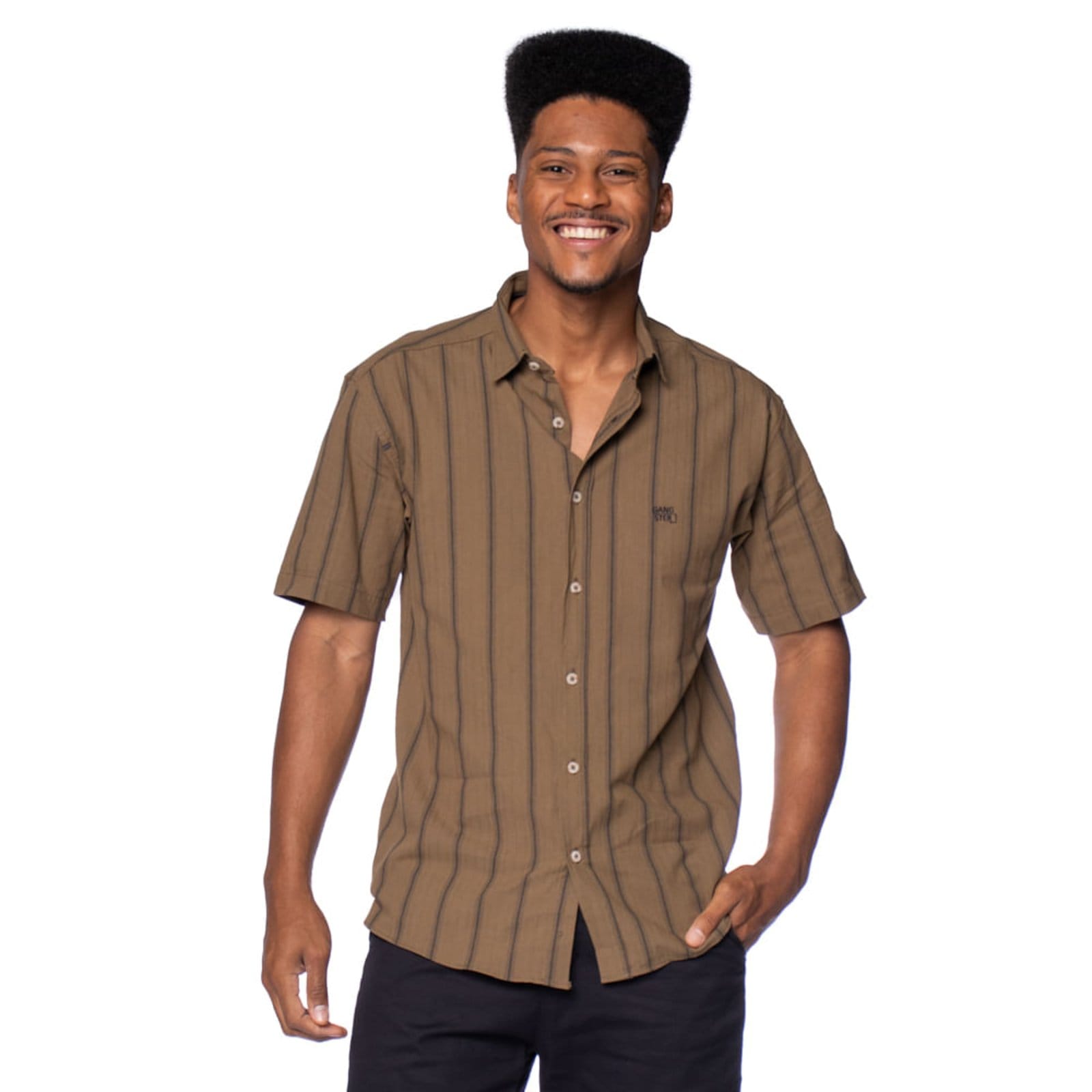 Camisa Masculina Gangster Manga Curta Algodão Listras Musgo