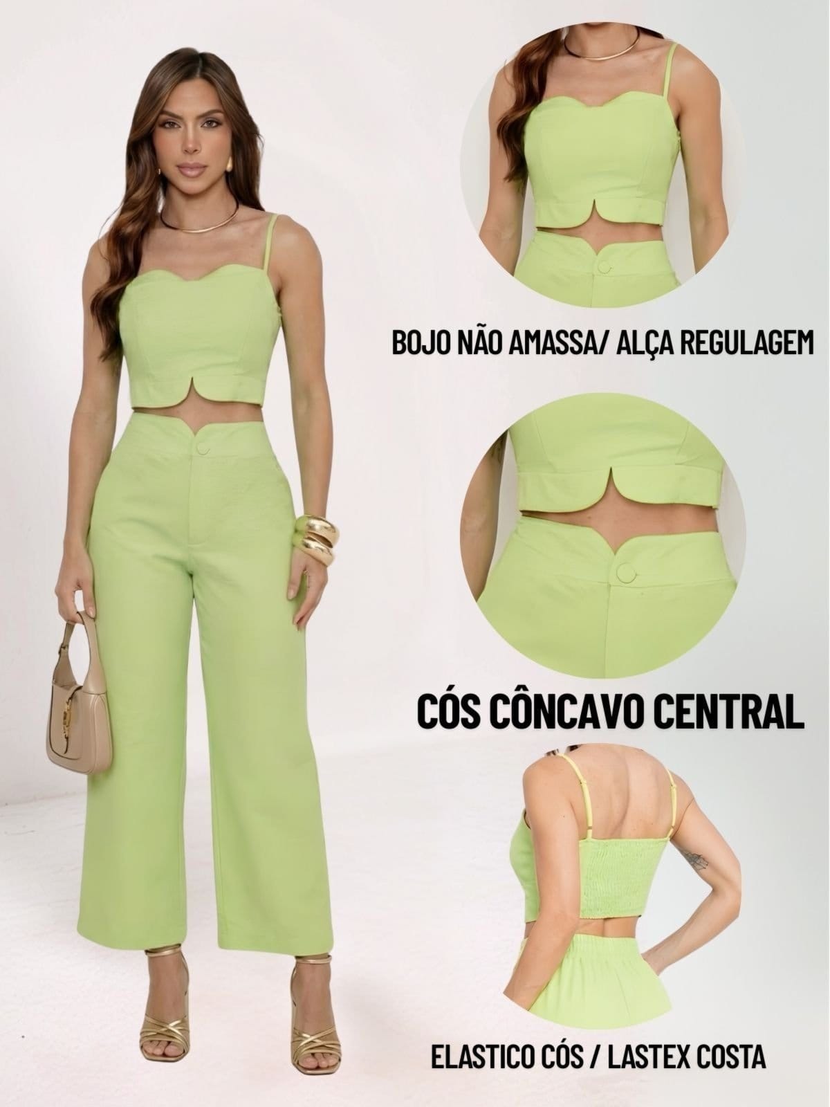 Vista 2 Conjunto Feminino Alfaiataria Divina Gata Cropped e Calça Pantalona Lima DIVINA GATA verde