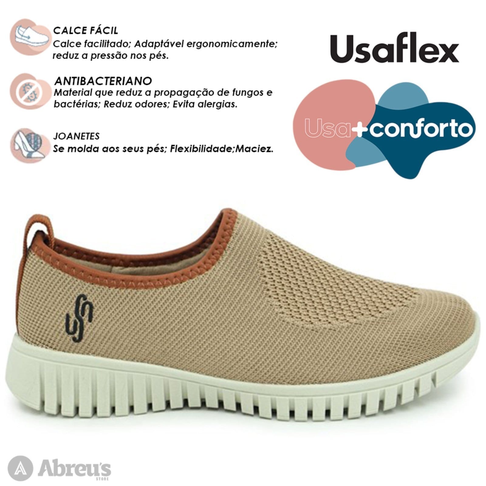 Vista 2 Tênis Feminino Usaflex Slip-on Conforto Tricot AE2208 Camel Usaflex bege