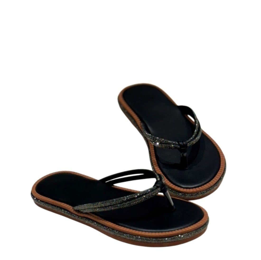 Vista 2 Sandália Sola Rasteira com Stras Ref 2301 Rofely Rofely preto