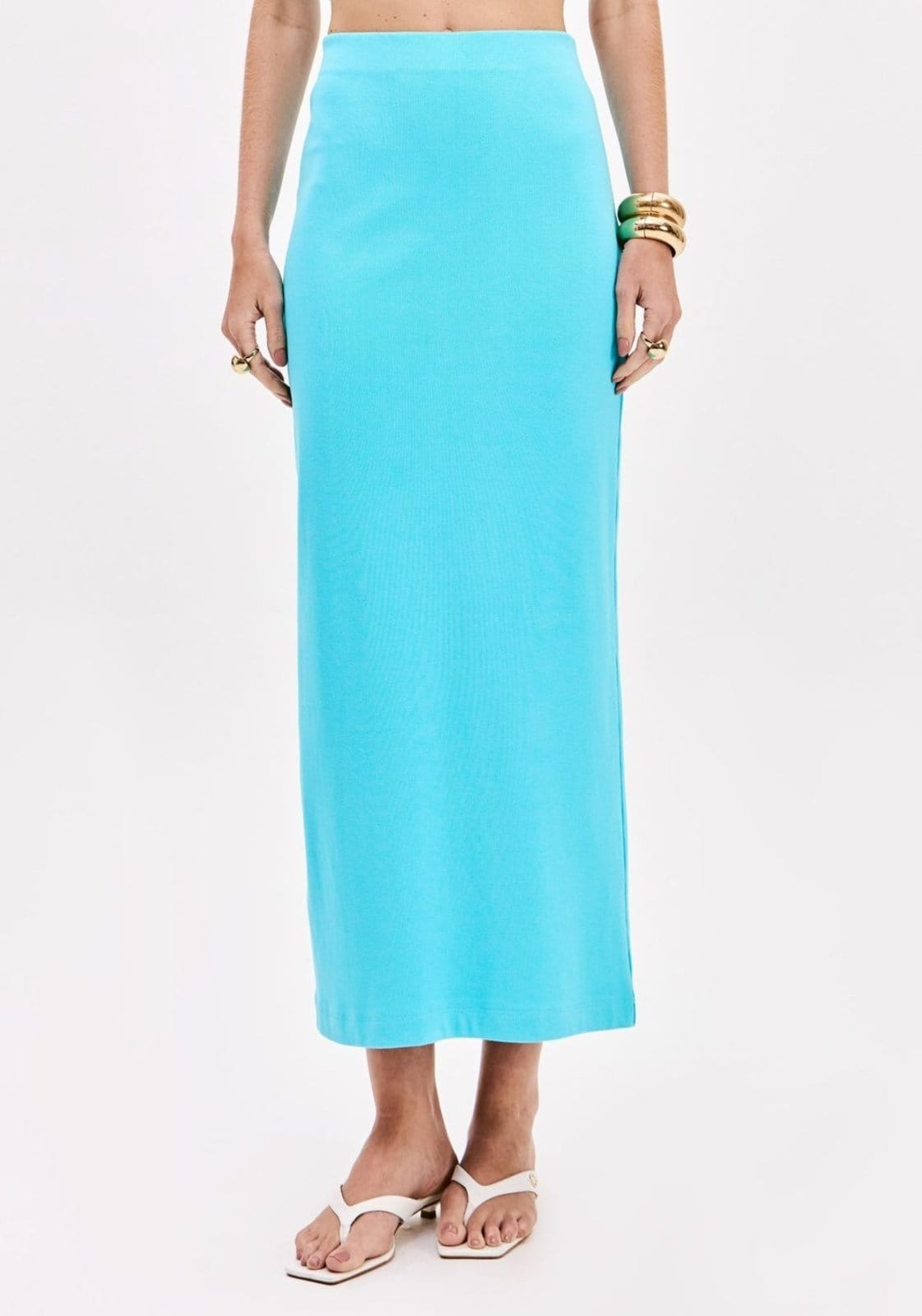 Vista 2 Saia Reta Super Midi Cintura Alta Lança Perfume azul