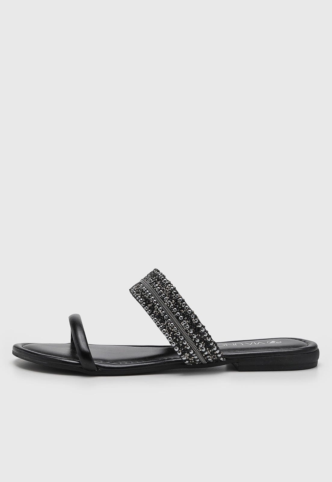 Rasteira Feminina VIA UNO Tira com Pedrarias Preta