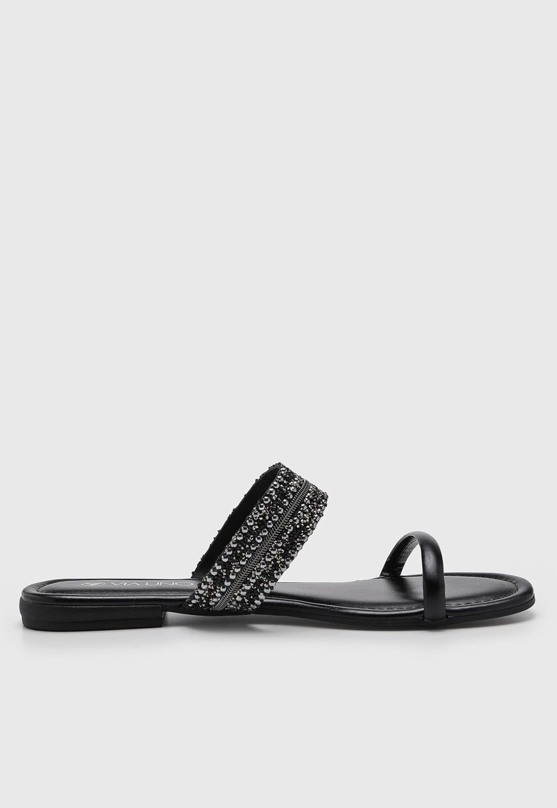 Vista 2 Rasteira Feminina VIA UNO Tira com Pedrarias Preta VIA UNO preto