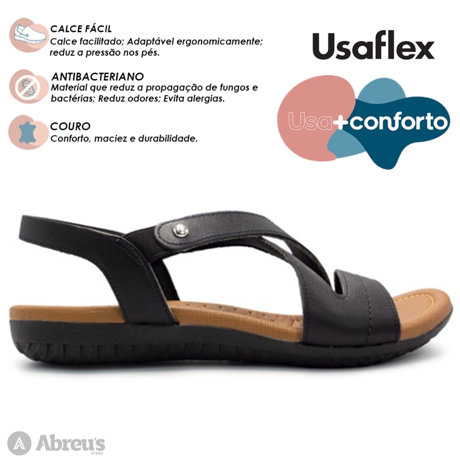Vista 2 Sandália Usaflex Rasteira Couro Elastico Conforto R1804 098 Usaflex preto