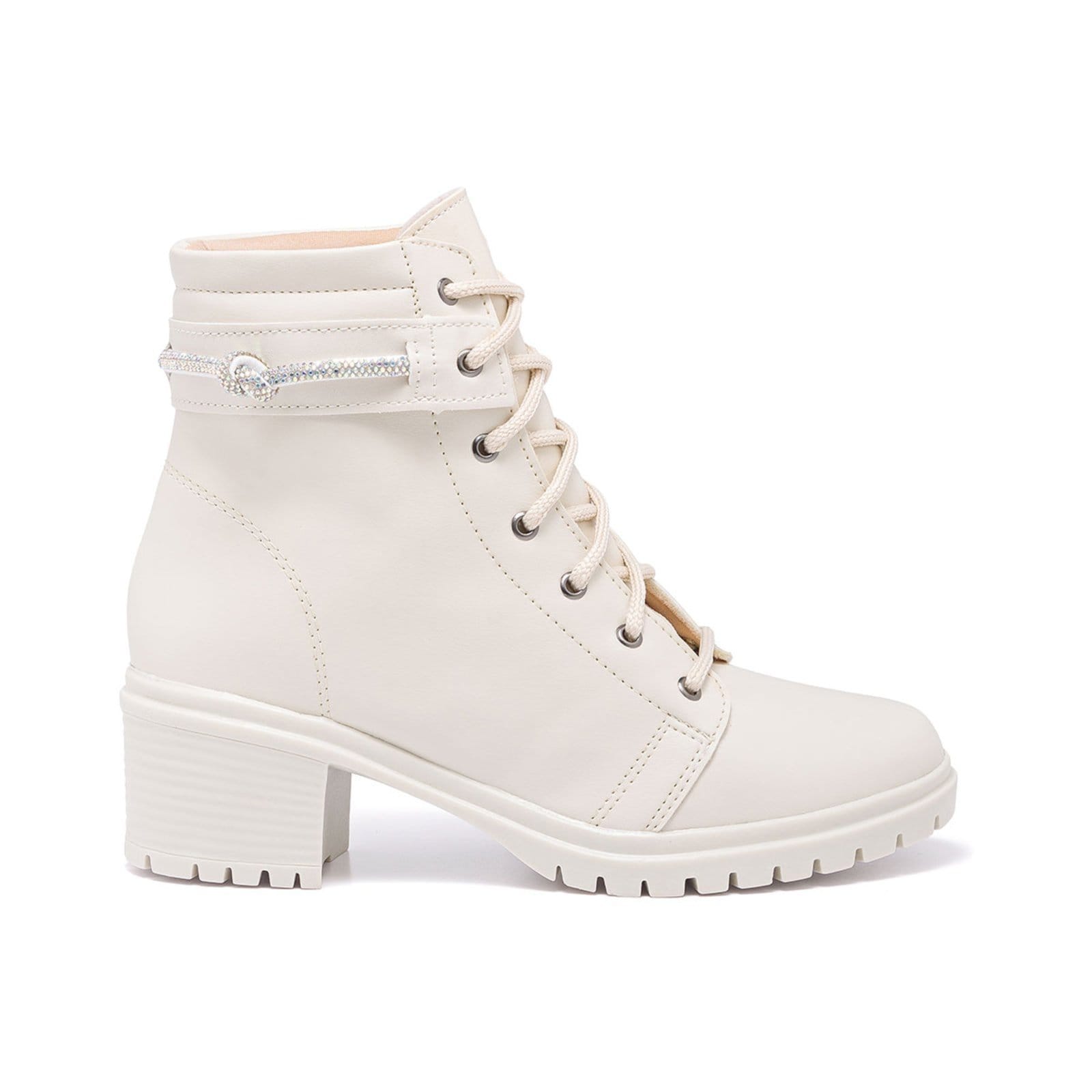 Bota Coturno Feminino Stessy Shoes Cano Baixo Salto Tratorada Brilho Off white