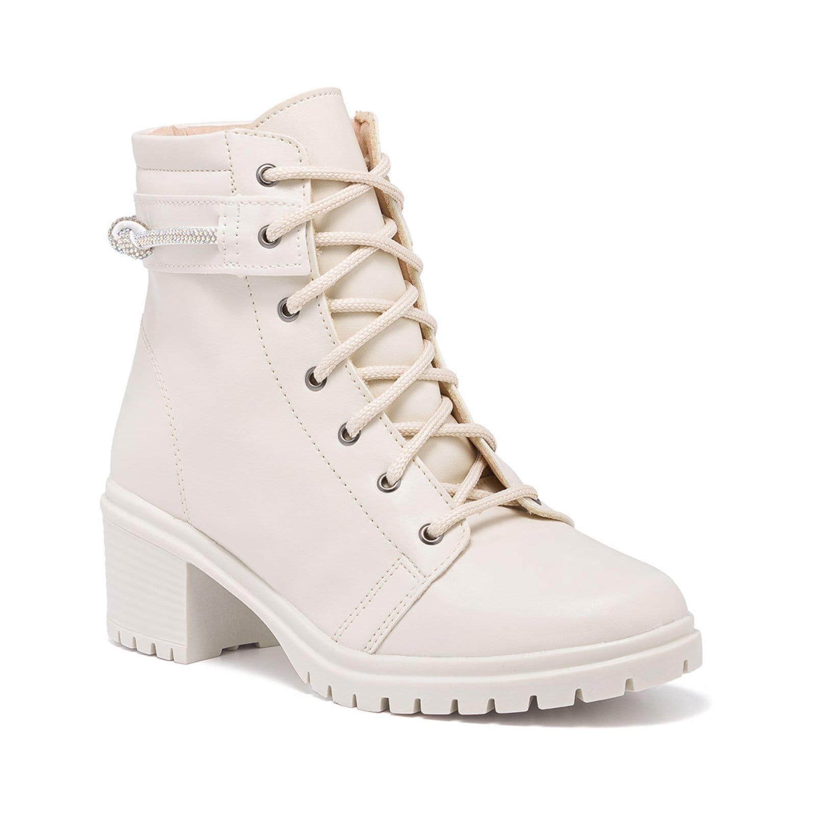 Vista 2 Bota Coturno Feminino Stessy Shoes Cano Baixo Salto Tratorada Brilho Off white Stessy Shoes off-white white