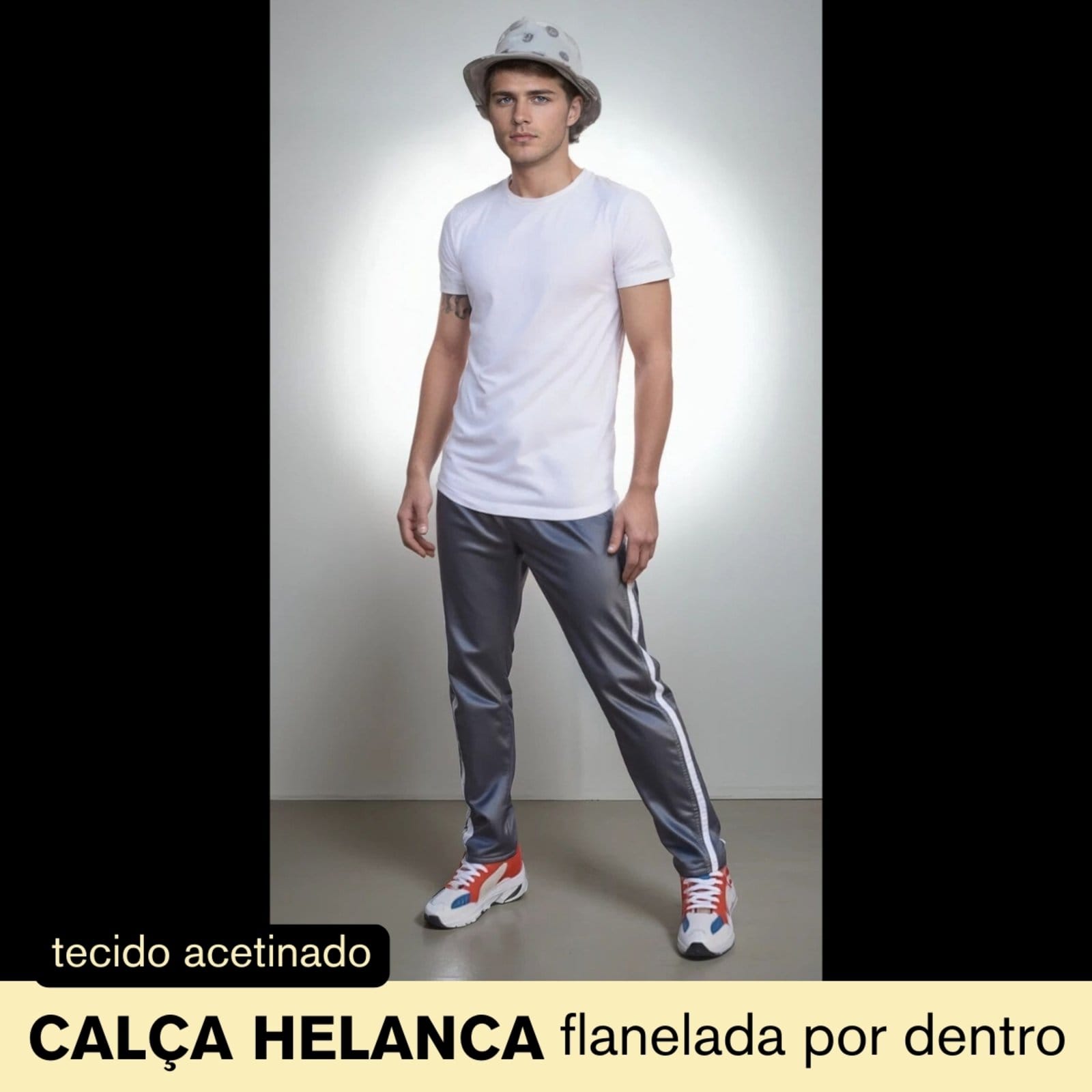 Vista 2 KIT 2 Calças Masculina Frent's Tecido Helanca Com Listra Lateral Bolso Traseiro Frent's cinza/grafite/preto