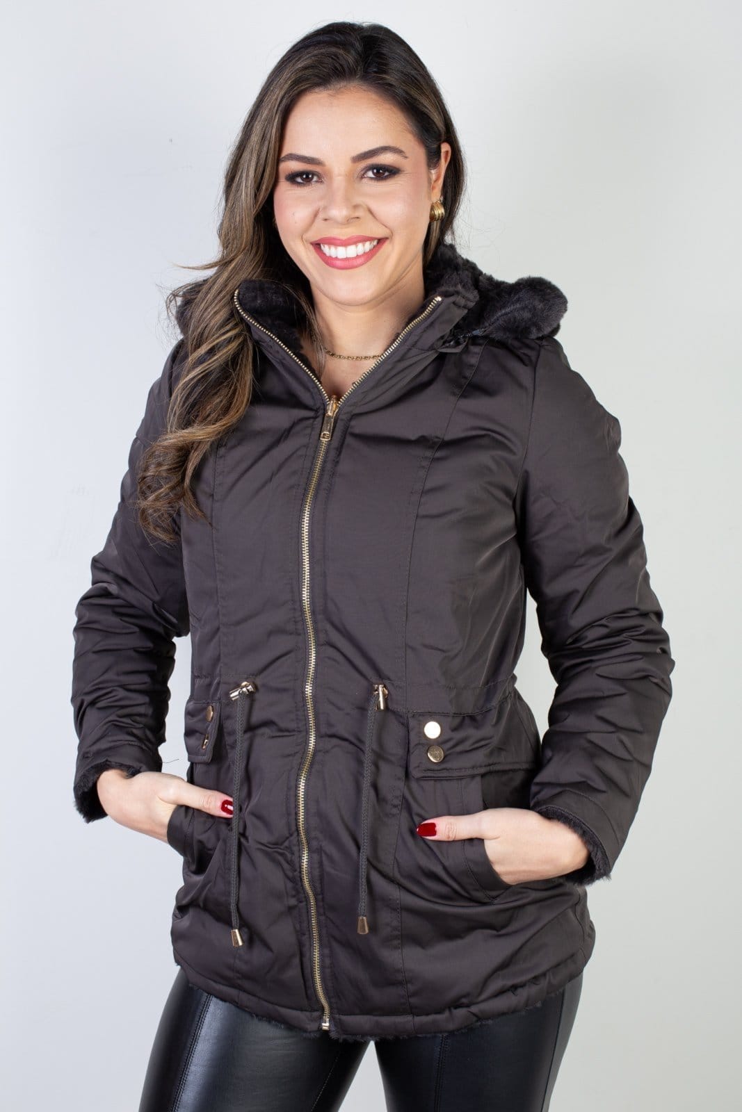 Vista principal Jaqueta Enluaze Feminina Nylon Reversível Com Pelo 84293 - Chumbo Enluaze bege