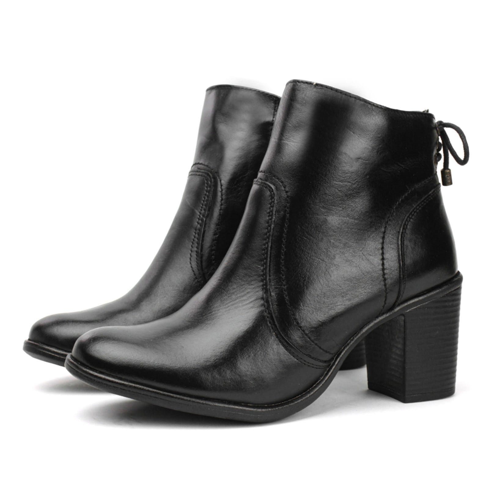 Vista 2 Bota Couro Feminina Cano Curto Salto Médio 7cm Bloco Fachete Amarração Casual FRANCA GRIFFE preto