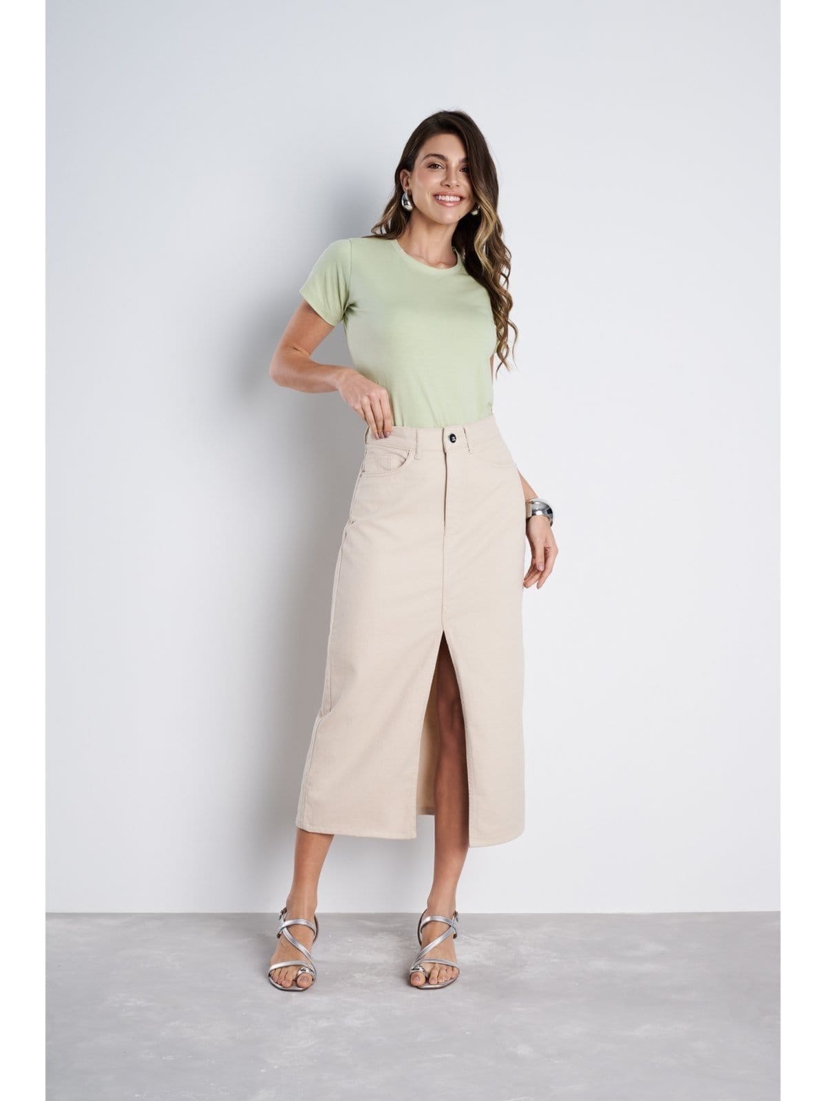 Vista 2 Saia Midi Jeans Feminina Cintura Alta NEW DENIM bege